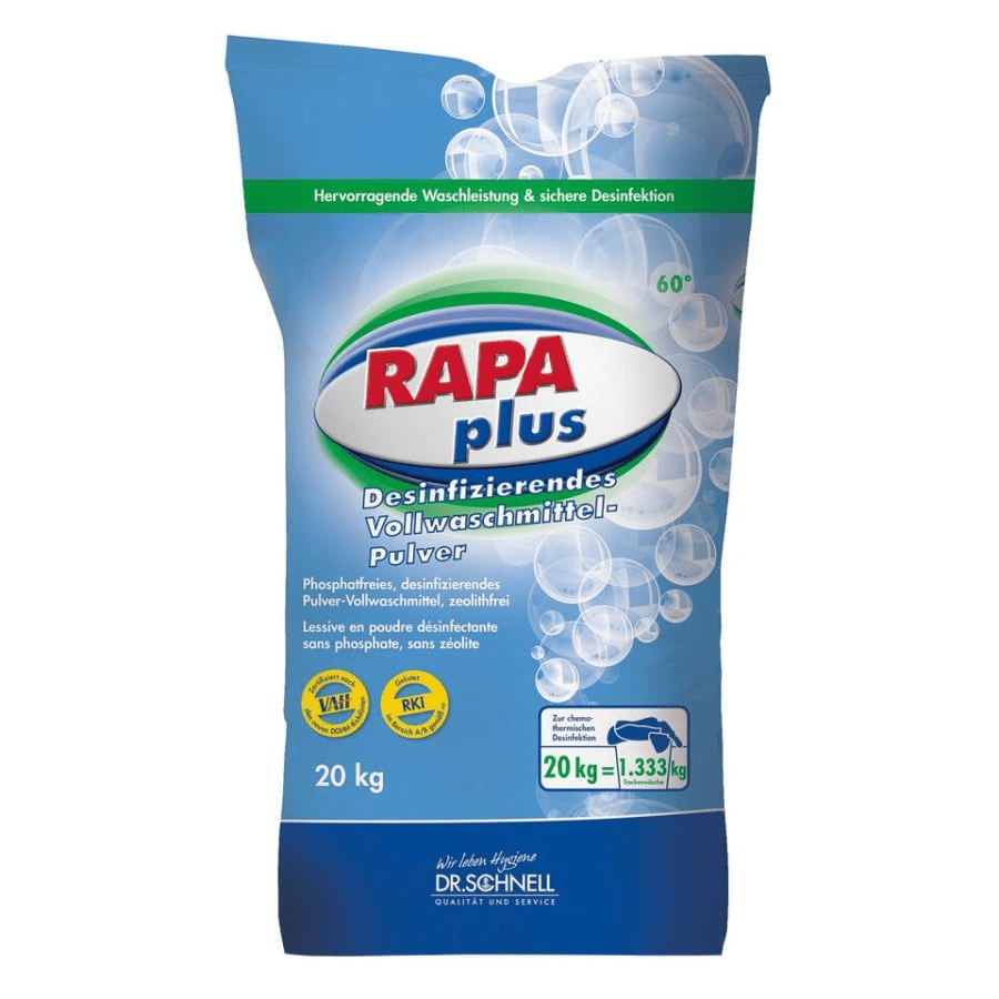 A blue 20 kg bag Dr. Schnell RAPA PLUS laundry disinfection powder from DR.SCHNELL GmbH & Co. KGaA, with laundry hygiene, phosphate-free formula, effervescent design, and German details for high washing efficiency.