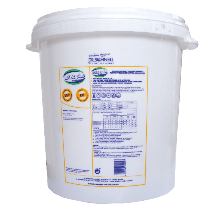 A 30L white DR.SCHNELL RAPA PLUS bucket with lid, dosing aids and accessories, with product information and instructions in blue and yellow lettering on the side. Brand: DR.SCHNELL GmbH & Co. KGaA.