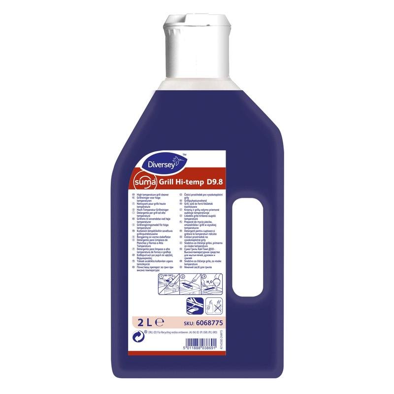 A 2-liter bottle of Suma Grill Cleaner Hi-temp D9.8 from Diversey Deutschland GmbH & Co. OHG, with a handle and white cap, is equipped with an orange-white label - ideal for professional kitchens to remove stubborn residues.