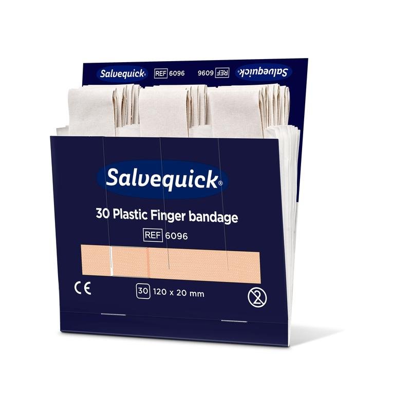 A box of Orkla Wound Care AB plastic finger bandages, 120 x 20 mm, 30 pieces, shows several beige finger bandages in the open dark blue packaging with white and blue lettering. The pack contains 6 pieces.