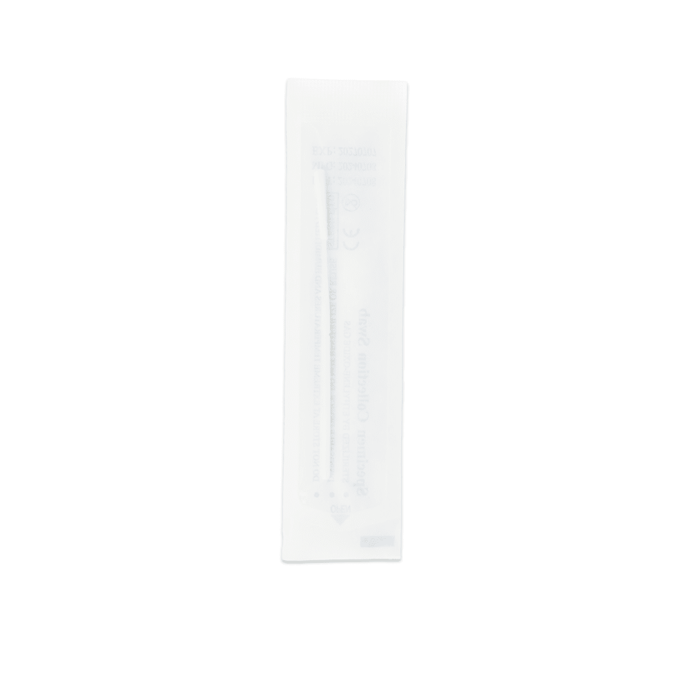 A single sterile swab for the althouseruan.combo 9in1 DVOT Professional rapid test (SARS-CoV-2, Influenza A+B, RSV, and more) is sealed in a clear plastic and paper packaging and stands upright on a white background.