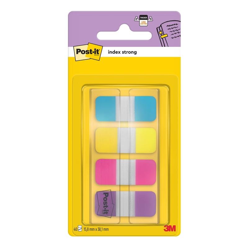 A pack of 3M Post-it® Index Strong Filing Tabs, Mini (15.8 mm x 38.1 mm), contains 40 colored filing tabs (blue, violet, pink, yellow) in a dispenser for efficient document organization. From 3M Deutschland GmbH.