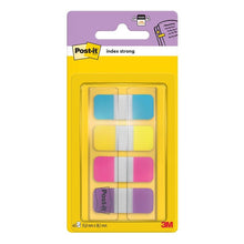 A pack of 3M Post-it® Index Strong Filing Tabs, Mini (15.8 mm x 38.1 mm), contains 40 colored filing tabs (blue, violet, pink, yellow) in a dispenser for efficient document organization. From 3M Deutschland GmbH.