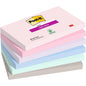 A stack of six pastel-colored Post-it® Super Sticky Notes (76x127 mm, each 90 sheets, 100% PEFC) from 3M Deutschland GmbH is arranged diagonally, showing the brand logos and a recycling symbol on the top block.