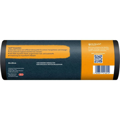 A roll of Swirl heavy-duty bags Profi with drawstring 120l (12 bags) from Melitta Europa GmbH & Co. KG with German text indicating tear-resistant, leak-proof bags. The packaging shows barcode and product details.