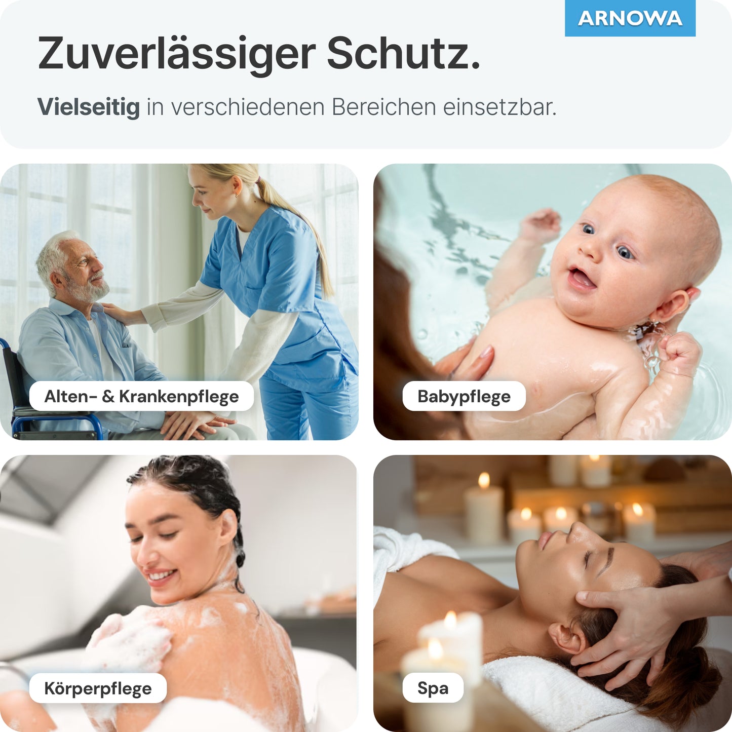 A collage shows a nurse with ARNOMED disposable wash gloves made of molton from ARNOWA GmbH with an elderly man, a bathing baby, and women doing skincare. Dermatest-certified gloves offer versatile, reliable protection (50 pieces/bag).