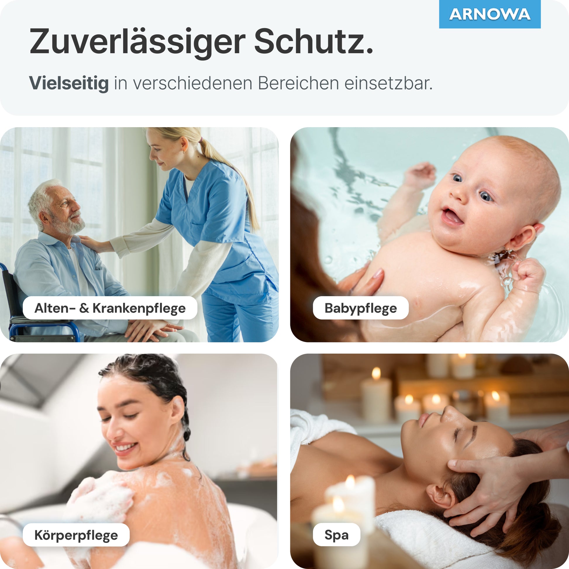 A collage shows a nurse with ARNOMED disposable wash gloves made of molton from ARNOWA GmbH with an elderly man, a bathing baby, and women doing skincare. Dermatest-certified gloves offer versatile, reliable protection (50 pieces/bag).