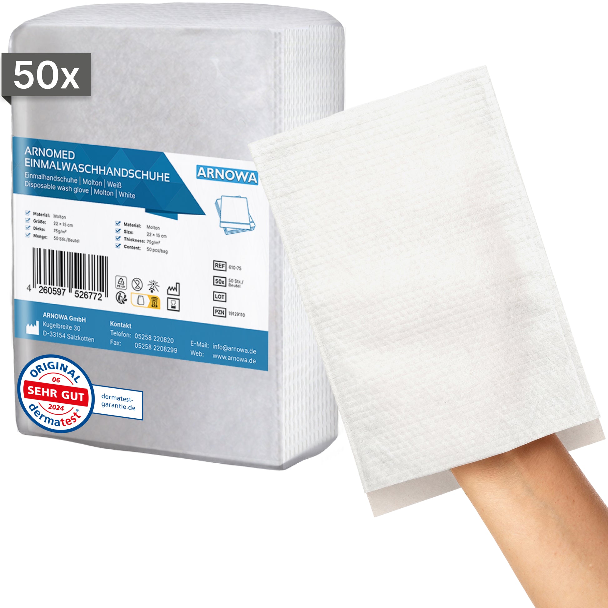 Pictured is a package of 50 ARNOMED disposable wash gloves made of molton (75g/m²) from ARNOWA GmbH. One glove is shown on a hand to illustrate size and texture. The Dermatest quality mark and contact information are visible on the packaging.