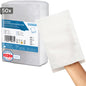 Pictured is a package of 50 ARNOMED disposable wash gloves made of molton (75g/m²) from ARNOWA GmbH. One glove is shown on a hand to illustrate size and texture. The Dermatest quality mark and contact information are visible on the packaging.