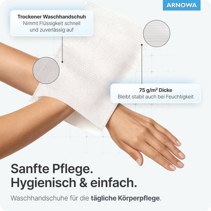 A hand places a white ARNOMED disposable wash glove made of molton (75g/m², Dermatest-tested) from ARNOWA GmbH on another arm. Labels emphasize absorbency and gentle, hygienic daily care. Bag contains 50 pieces.