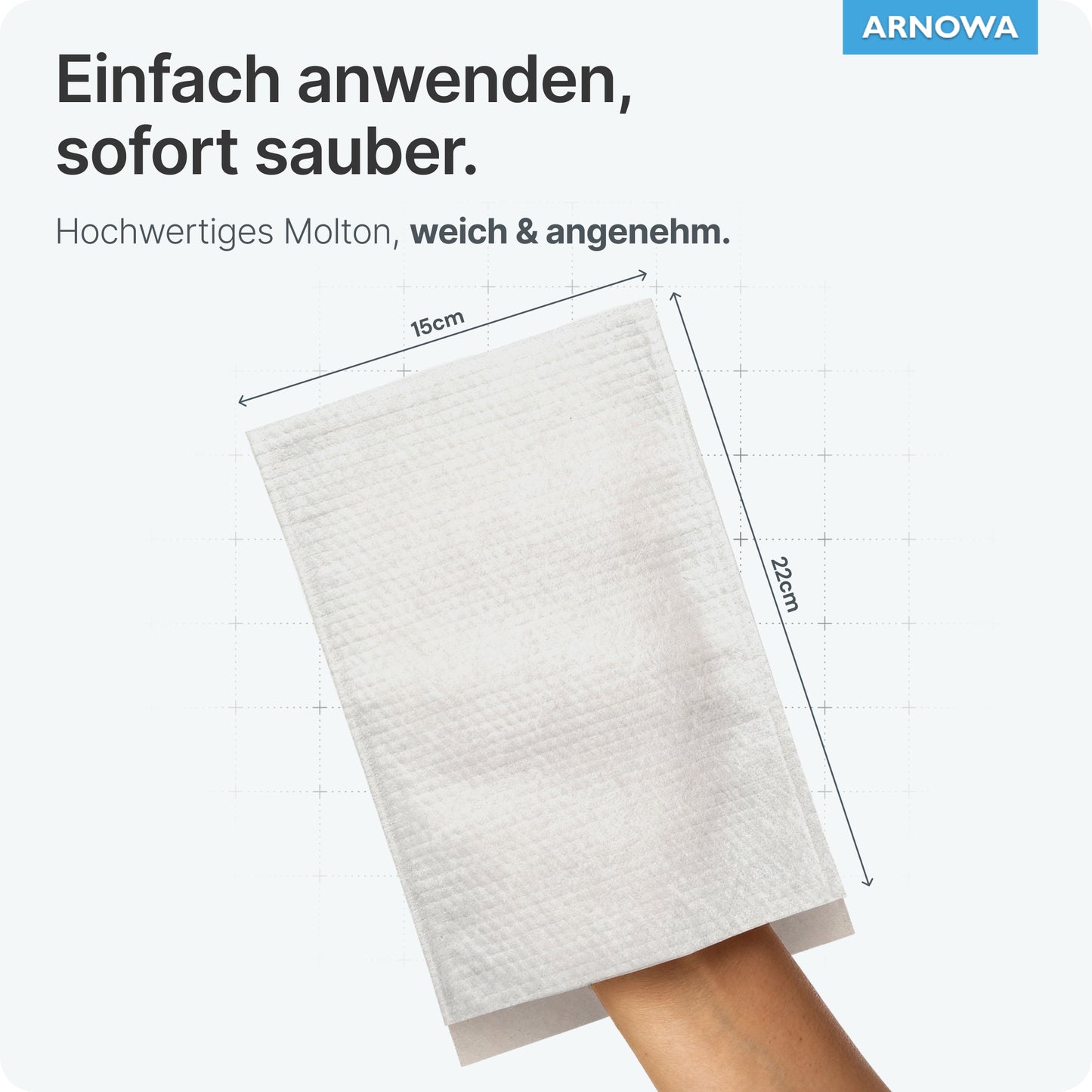 A hand wears a white ARNOMED disposable wash glove made of molton (75g/m², 15x22 cm) from ARNOWA GmbH, depicted against a light background. In the top right, there is German text, the Dermatest seal, and the blue ARNOVA logo. Package: 50 pieces.