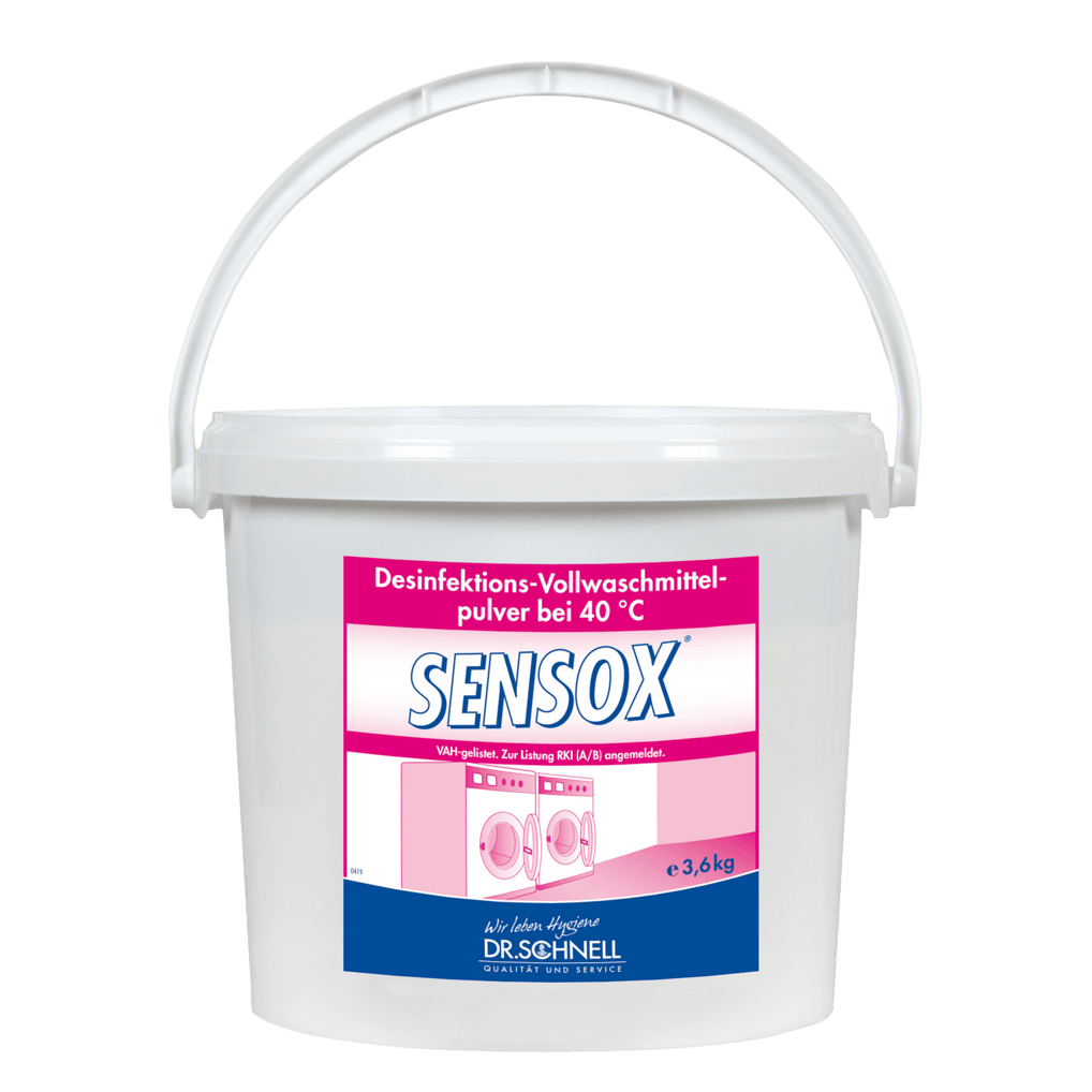 A 3.6 kg white plastic bucket from Dr. Schnell SENSOX laundry hygiene, phosphate-free disinfectant powder, VAH-listed, by DR.SCHNELL GmbH & Co. KGaA. The German label shows pink washing machines and a handle for easy carrying.