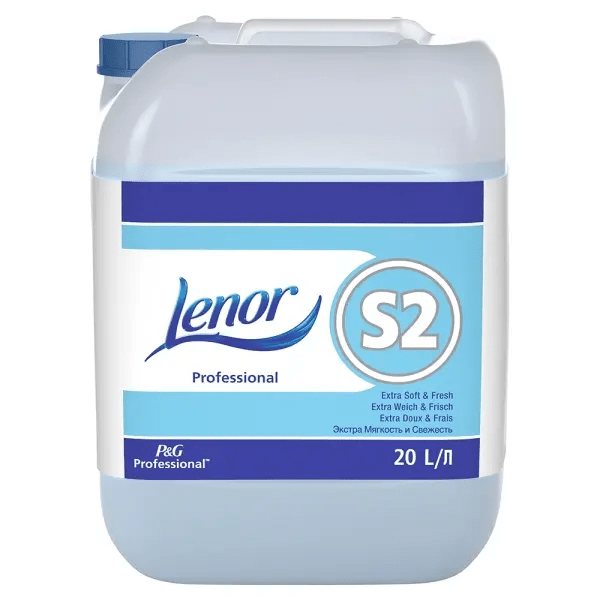 A 20-liter canister from DR.SCHNELL GmbH & Co. KGaA P&G PROFESSIONAL LENOR S2 Extra Soft, highly concentrated fabric softener, with a blue screw cap and handle, as well as a blue/white label in English and Russian.