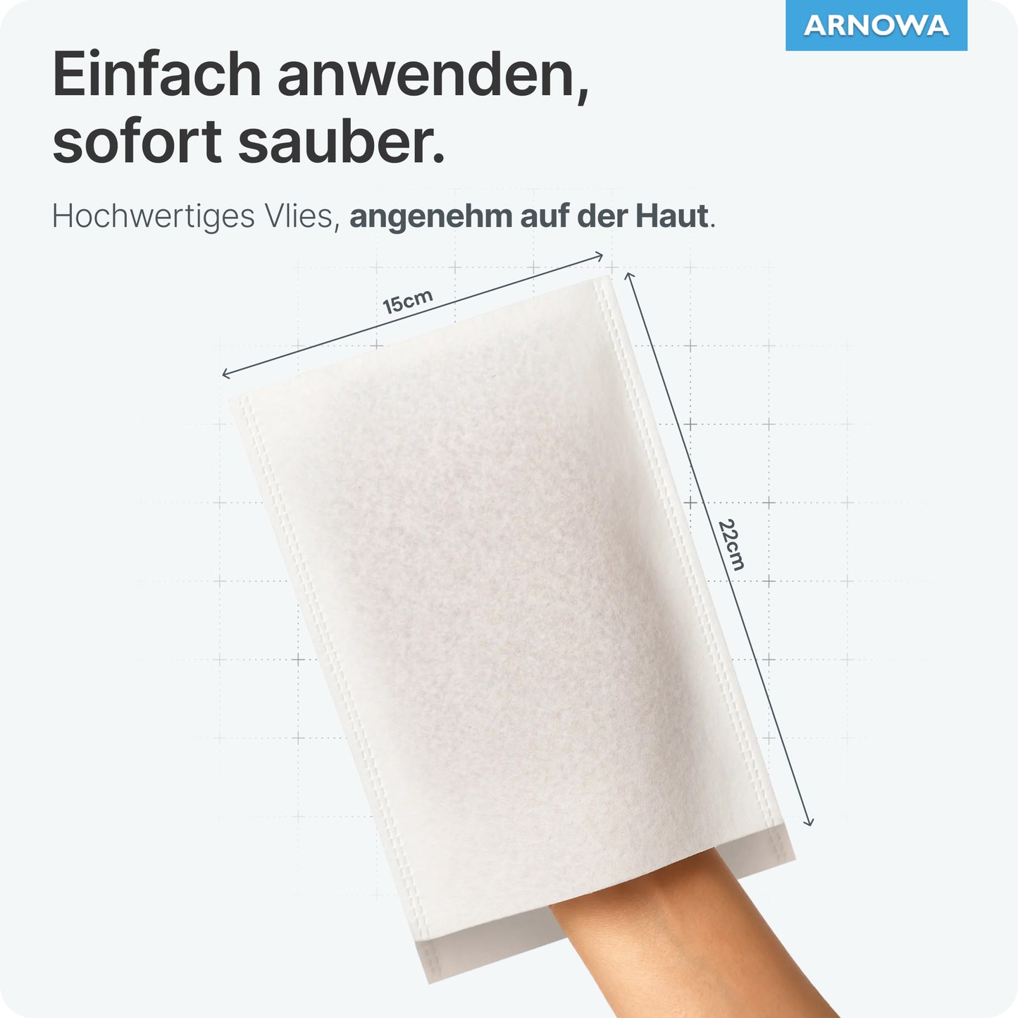 A hand is inside an ARNOMED disposable wash glove Spunlace with PE (22x15 cm). The product by ARNOWA GmbH is water-repellent, gentle on the skin, and easy to use. ARNowa logo at the top right of the image. Bag of 50 pieces.