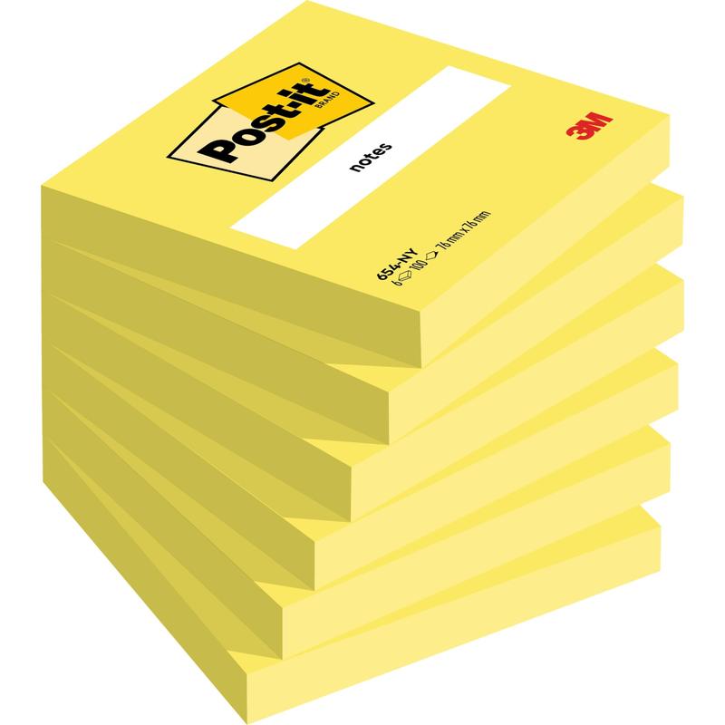 A stack of eight yellow Post-it® Notes (76 mm x 76 mm, 100 sheets/pad, 100% PEFC) from 3M Deutschland GmbH is arranged diagonally, with "Notes" on the top pad and the 3M logo in the bottom right corner.