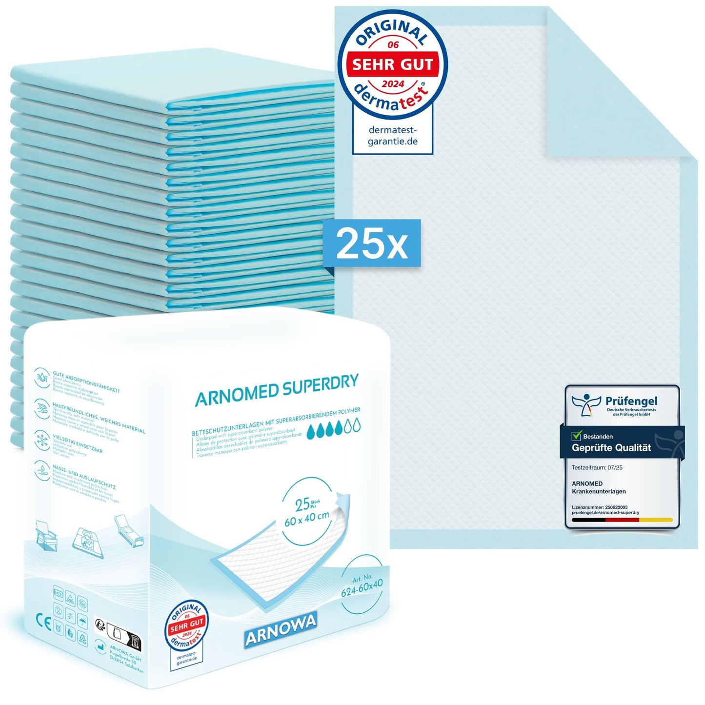 Pack of 25 ARNOMED SUPERDRY Absorbent Hospital Underpads with SAP by ARNOWA GmbH, each 60 x 40 cm. Packaging shows product info, certifications & quality seals. Perfect as incontinence protection.