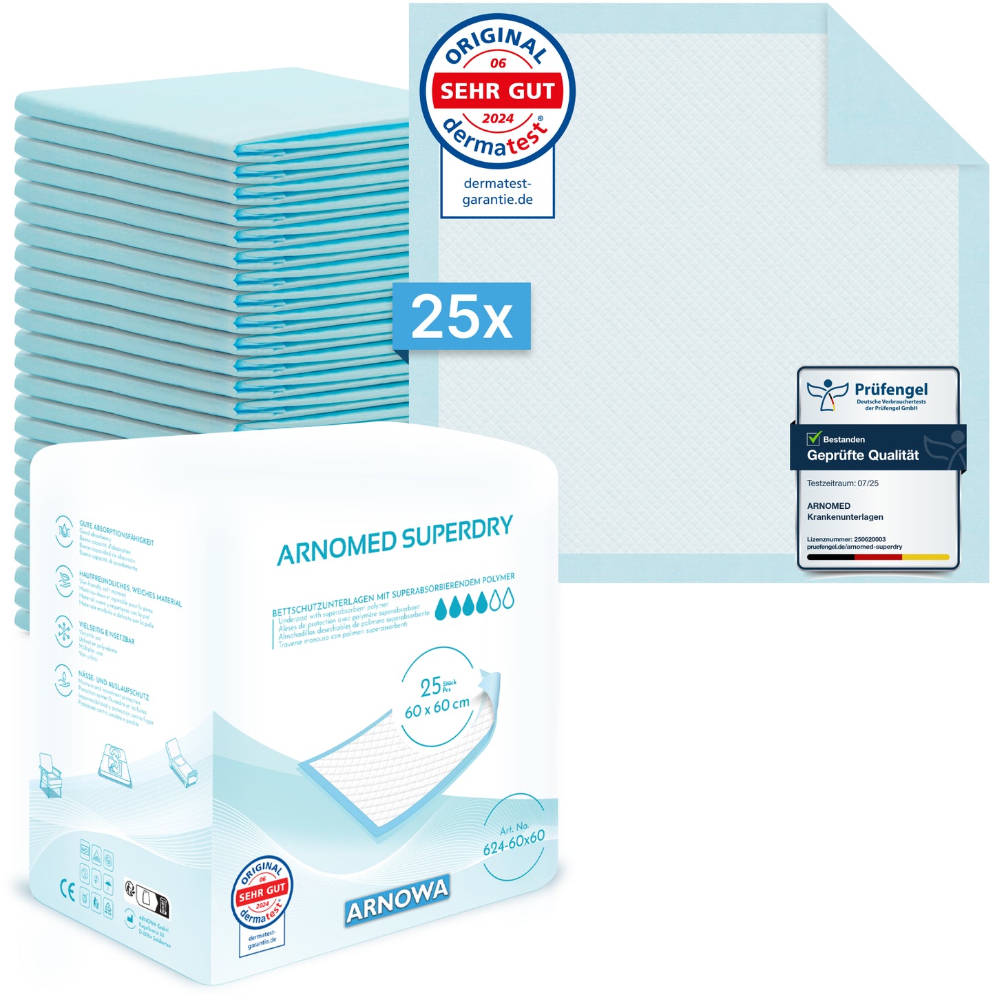 A pack of 25 ARNOMED SUPERDRY Absorbent Hospital Underpads with SAP (60x60 cm) by ARNOWA GmbH, with a stack of underpads, quality seals, and dermatest badge-perfect incontinence protection thanks to super absorber technology.