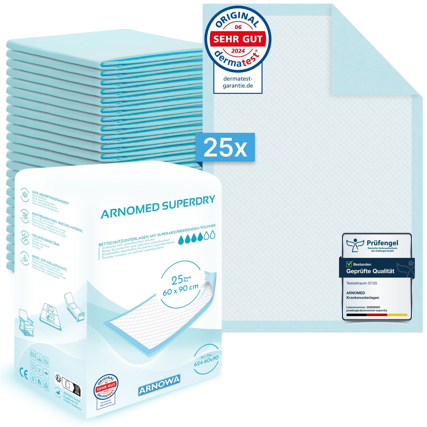 Depicted is a pack of ARNOMED SUPERDRY Absorbent Hospital Underpads with SAP by ARNOWA GmbH with a stack of blue and white underpads, underpad cutout, labels for 25 pieces, super absorber technology, certifications, and size 60 x 90 cm.