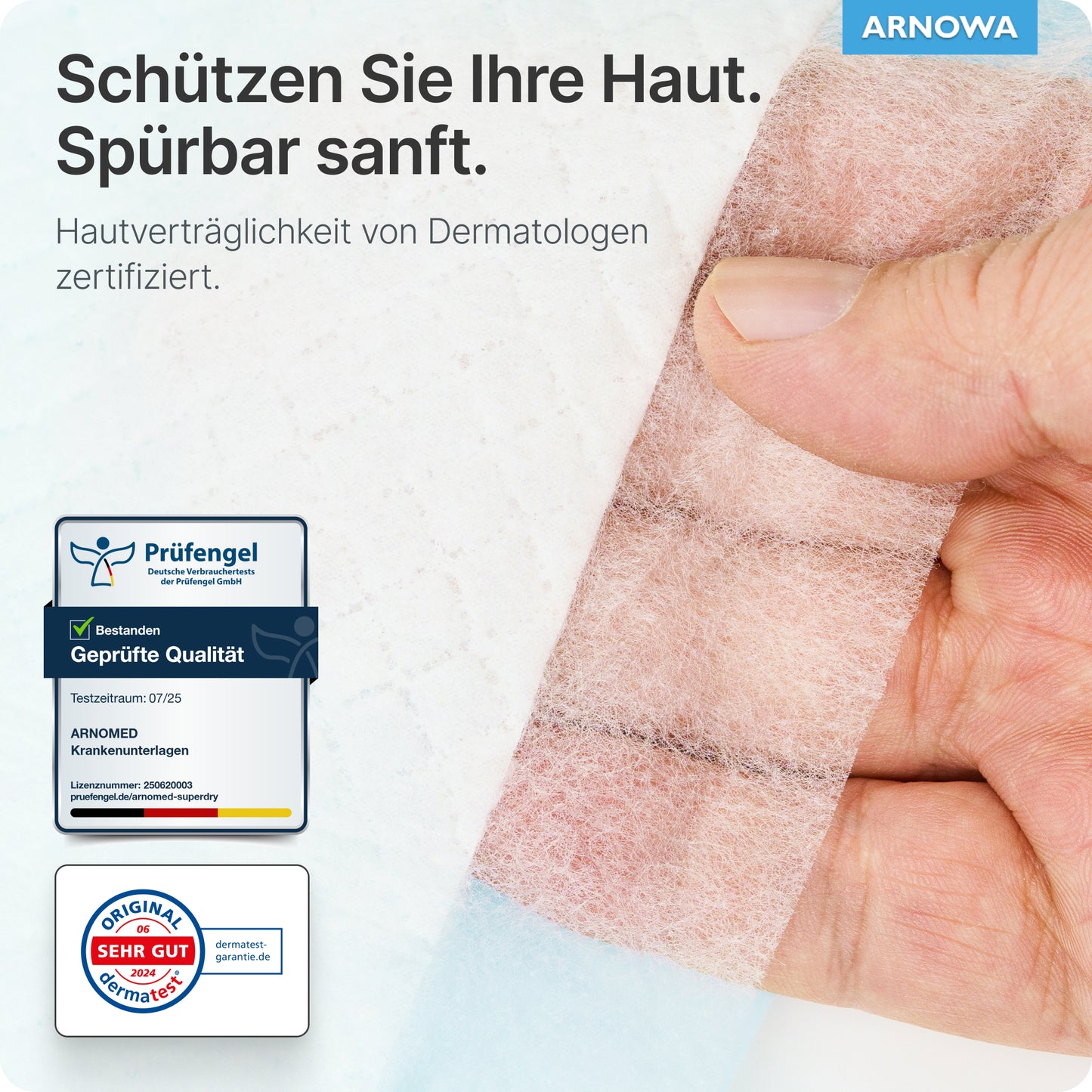 A hand lifts the edge of a beige, textured adhesive strip from an ARNOMED SUPERDRY Absorbent Hospital Underpad with SAP by ARNOWA GmbH. The German text highlights the certified skin compatibility and the "Very Good" quality seal in the lower left corner.