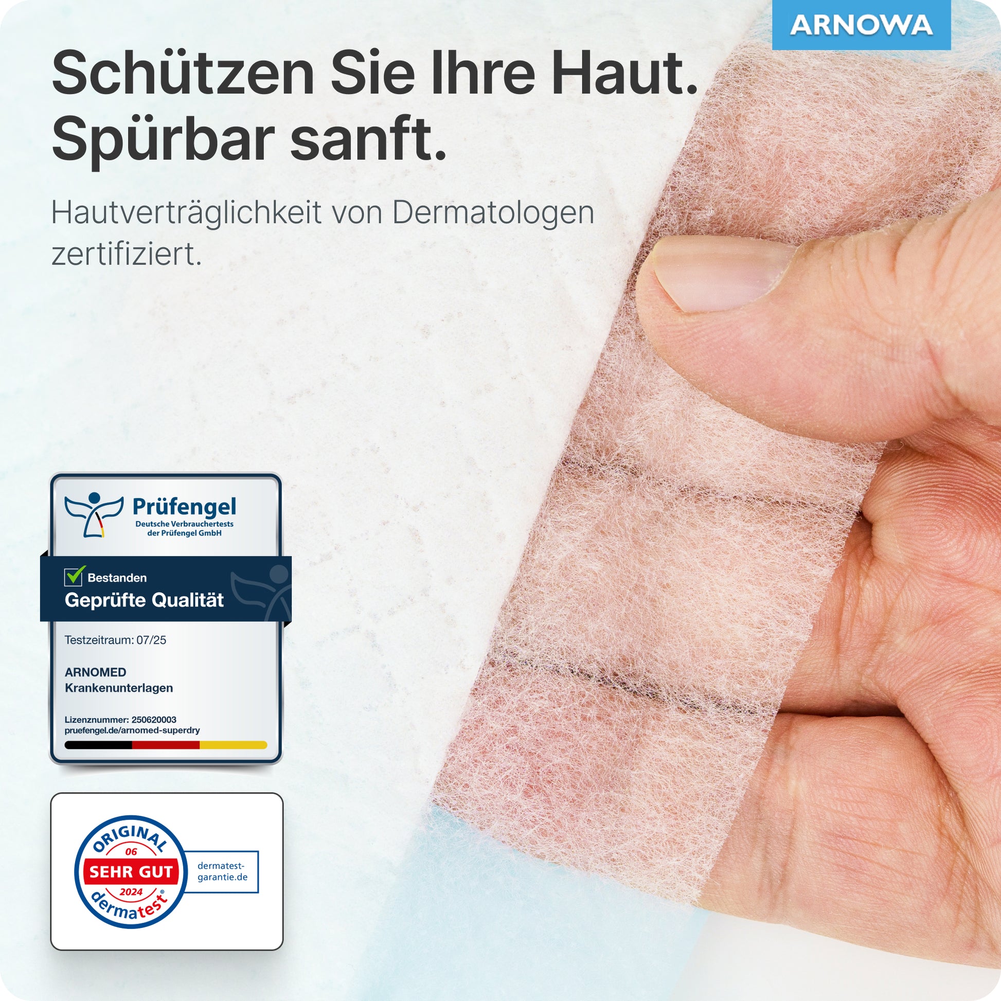 A hand lifts the edge of a beige, textured adhesive strip from an ARNOMED SUPERDRY Absorbent Hospital Underpad with SAP by ARNOWA GmbH. The German text highlights the certified skin compatibility and the "Very Good" quality seal in the lower left corner.