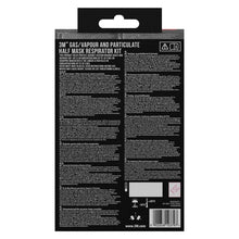 On the back of the 3M™ Half Mask Housing 6200 reusable, medium size | Pack (1 piece) by 3M Deutschland GmbH, there are safety instructions, product details, and barcodes in white text on a black background.