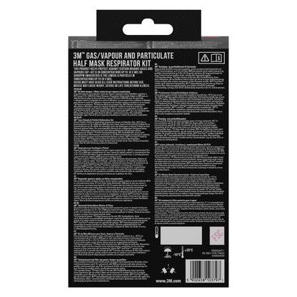 On the back of the 3M™ Half Mask Housing 6200 reusable, medium size | Pack (1 piece) by 3M Deutschland GmbH, there are safety instructions, product details, and barcodes in white text on a black background.