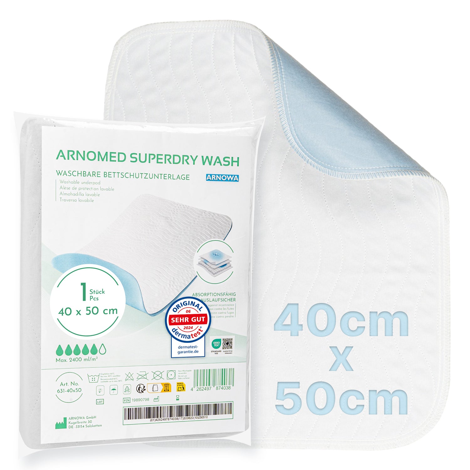 The ARNOMED SUPERDRY WASH Washable Bed Protection Pad by ARNOWA GmbH, 40x50cm, white with light blue underside and Superdry technology. Packaging with product details and care instructions in German.
