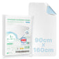 The ARNOMED SUPERDRY WASH Bed Protection Pad (ARNOWA GmbH), 90x160 cm, with Superdry technology and blue back is packaged and depicted unfolded. The packaging shows details on incontinence as well as icons for absorbency and size.