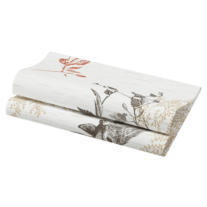 A folded piece of fabric with a nature-inspired design of leaves and flowers in shades of red, brown, and beige reflects the elegance of a Duni Bio Dunisoft® napkin. Suitable for home decoration like curtains or upholstery.