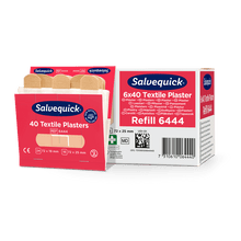 An opened box of Orkla Wound Care AB textile plaster, 40 pcs./refill lies next to a closed package (6 pieces), in which several beige plasters for wound care are visible.