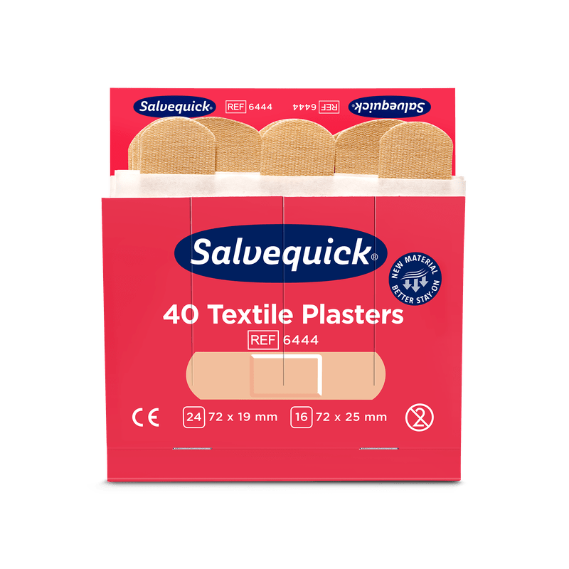 An opened red Orkla Wound Care AB textile plaster box (40 pcs./refill, 6 pieces) shows beige plasters inside and on the front sizes, product information, and certification symbols.