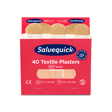 An opened red Orkla Wound Care AB textile plaster box (40 pcs./refill, 6 pieces) shows beige plasters inside and on the front sizes, product information, and certification symbols.