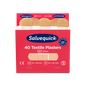 An opened red Orkla Wound Care AB textile plaster box (40 pcs./refill, 6 pieces) shows beige plasters inside and on the front sizes, product information, and certification symbols.