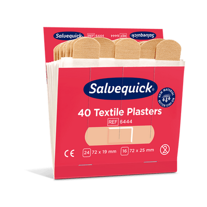 An opened Orkla Wound Care AB textile plaster box (40 pcs./refill | package, 6 pieces) shows beige textile plasters. The packaging highlights quick wound care, various sizes, and product certifications.