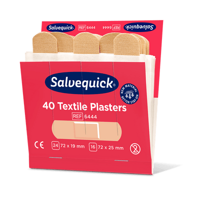 An opened package of Orkla Wound Care AB textile plaster, 40 pcs./refill (6 pieces), contains beige adhesive bandages. The red-white packaging includes product information, the Orkla logo, and a note on its use for wound care.