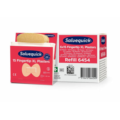 Pictured are a box and an opened pack of Orkla Wound Care AB XL Fingertip Textile Plasters, 15 pieces/mine | pack (6 pieces). The white-red packaging contains product information and illustrations of these flexible fingertip plasters.