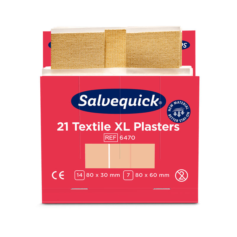 A red-white box labeled "Orkla Wound Care AB Xl textile plaster, 21 pieces/mine | Package (6 pieces)" with two beige textile plasters in sizes 80 x 30 mm and 80 x 60 mm, along with product and certification details.
