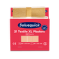 A red-white box labeled "Orkla Wound Care AB Xl textile plaster, 21 pieces/mine | Package (6 pieces)" with two beige textile plasters in sizes 80 x 30 mm and 80 x 60 mm, along with product and certification details.