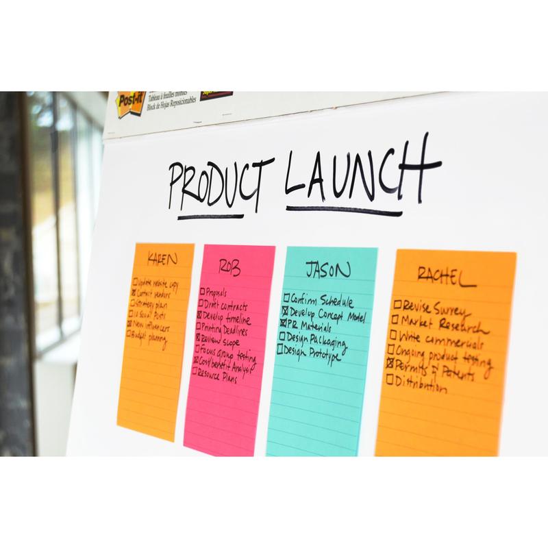 A whiteboard with the inscription "Product Launch" at the top contains four color-coded task lists - Karen, Riz, Jason, and Rachel - with checklists written on 3M Deutschland GmbH Post-it® Super Sticky Notes in large format, lined.