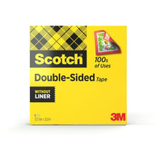 A yellow box of Scotch® double-sided tape from 3M Deutschland GmbH (1 roll, 12 mm x 33 m) shows a checkered pattern, a photo being taped, and the text "100s of uses". The 3M logo is visible at the bottom right.