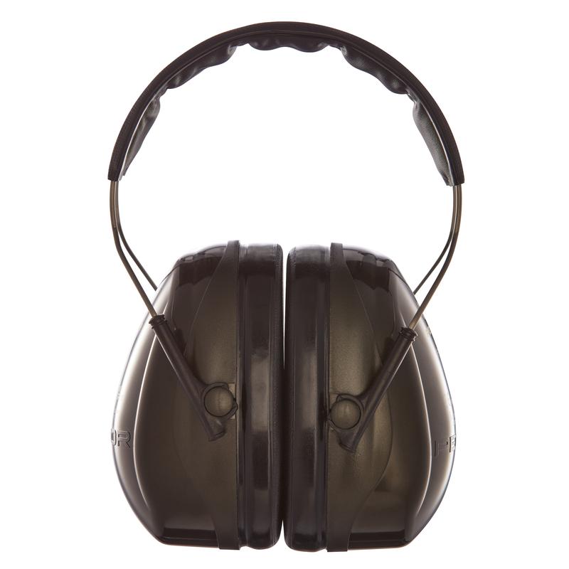 A green 3M™ PELTOR™ Optime™ II Ear Muffs H520A (SNR 31 dB) from 3M Deutschland GmbH, shown frontally with padded headband and adjustable metal bands, provides reliable hearing protection. Package: 1 piece.