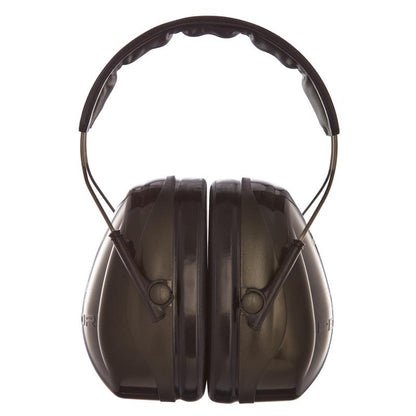 A green 3M™ PELTOR™ Optime™ II Ear Muffs H520A (SNR 31 dB) from 3M Deutschland GmbH, shown frontally with padded headband and adjustable metal bands, provides reliable hearing protection. Package: 1 piece.