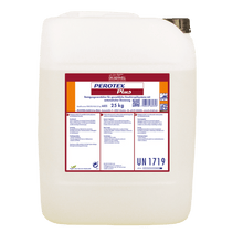 A white 25 kg plastic container from DR.SCHNELL GmbH & Co. KGaA PEROTEX PLUS dishwashing detergent for commercial dishwashers is equipped with a red and white German label with details and a black screw cap.