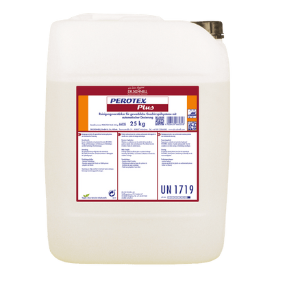 A white 25 kg plastic container from DR.SCHNELL GmbH & Co. KGaA PEROTEX PLUS dishwashing detergent for commercial dishwashers is equipped with a red and white German label with details and a black screw cap.
