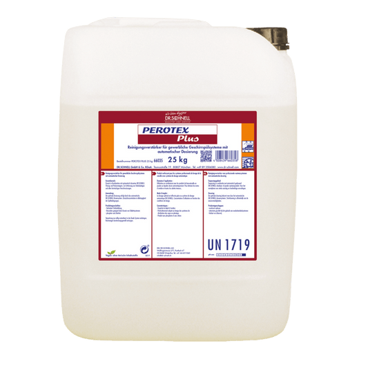 A white 25 kg plastic container from DR.SCHNELL GmbH & Co. KGaA PEROTEX PLUS dishwashing detergent for commercial dishwashers is equipped with a red and white German label with details and a black screw cap.