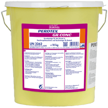 10 kg yellow plastic bucket with DR.SCHNELL PEROTEX GR CONC, a highly alkaline dishwashing detergent for commercial dishwashers, labeled in German with product information and barcode. Ideal for large kitchens.