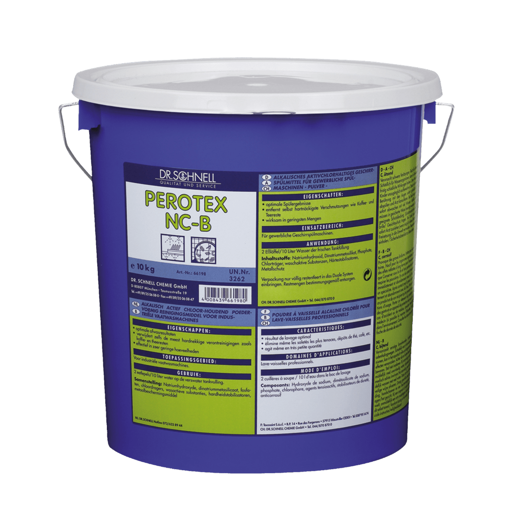 A blue 10 kg plastic bucket labeled "Dr. Schnell PEROTEX NC-B" contains a chlorine-based dishwashing detergent for commercial dishwashers from DR.SCHNELL; the multilingual label includes product information, instructions, and warnings.