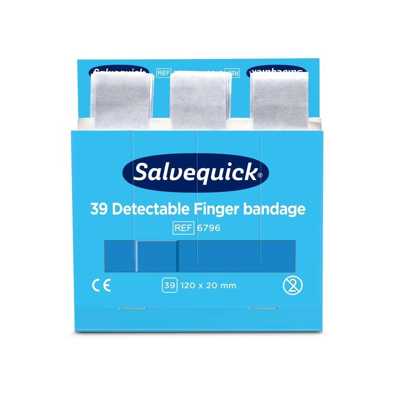 A blue box labeled "Blue detectable finger bandage, 120 x 20 mm, 39 pcs/mine" by Orkla Wound Care AB, with three partially pulled-out bandages. The box contains product information including CE marking and dimensions. Pack (6 pieces).