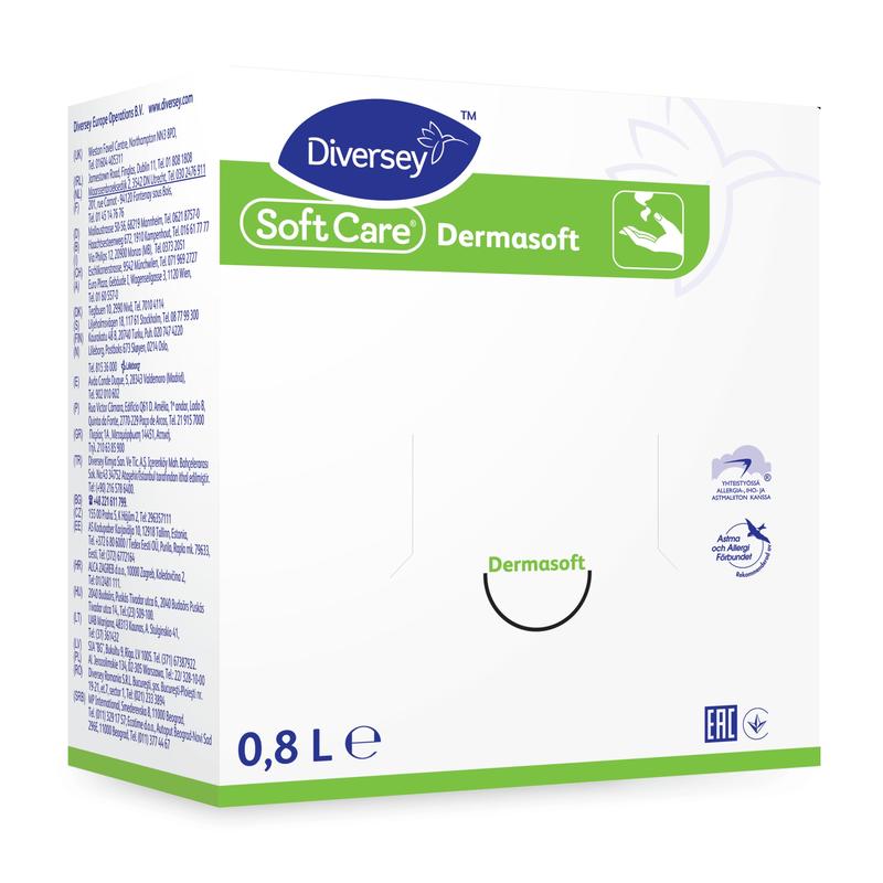 A white box labeled "Soft Care Dermasoft, skin care cream, paraben-free" from Diversey Deutschland GmbH & Co. OHG (800 ml), with green and blue accents, shows text, a logo, and hands under water; ideal for dry skin.