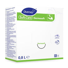 A white box labeled "Soft Care Dermasoft, skin care cream, paraben-free" from Diversey Deutschland GmbH & Co. OHG (800 ml), with green and blue accents, shows text, a logo, and hands under water; ideal for dry skin.